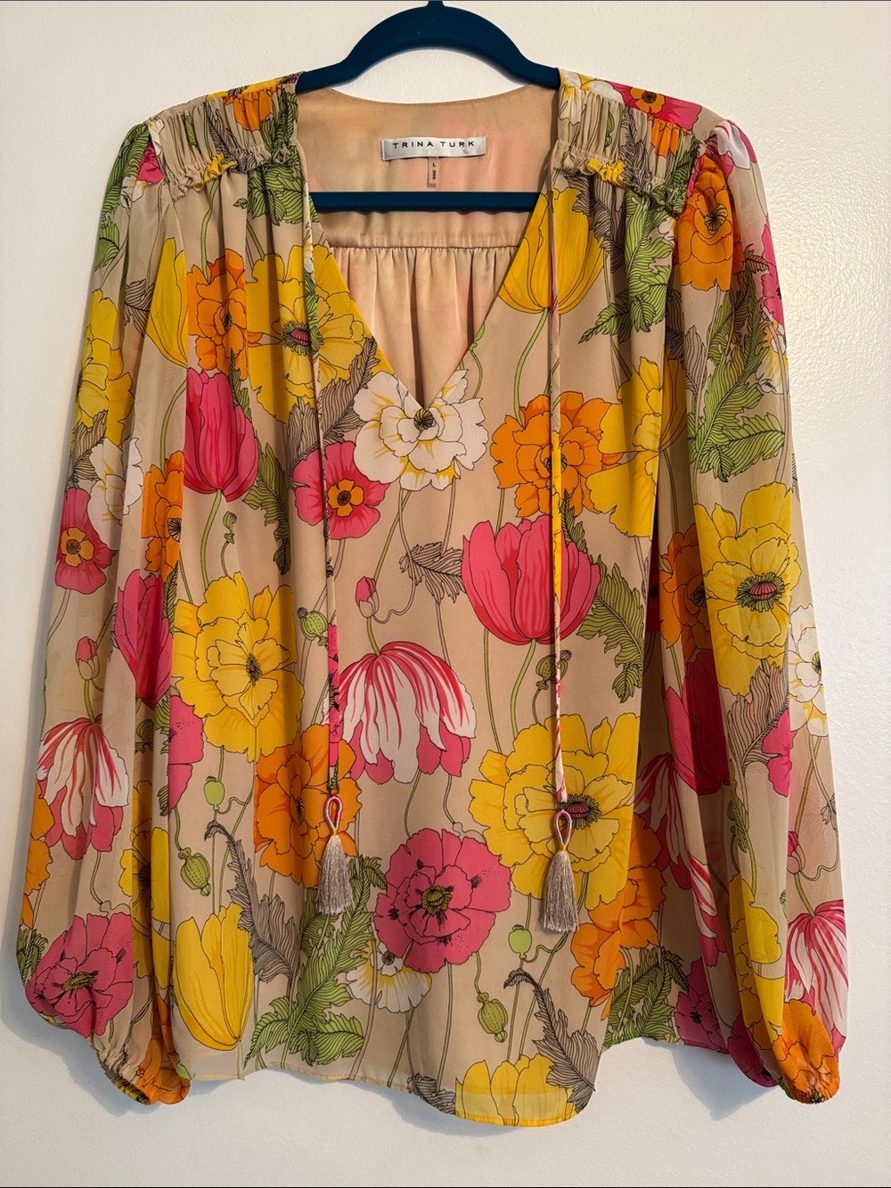 Trina Turk Floral Tie-Neck Blouse with Pink & Yellow Blooms